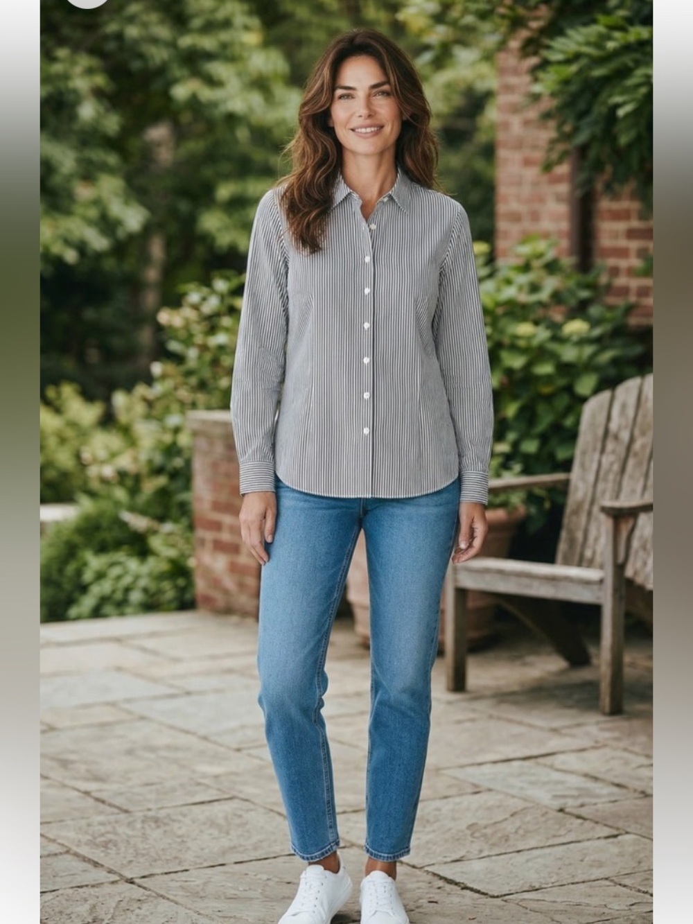 Ellen Tracy Non-Iron Striped Button Down Shirt, Size Large